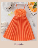 Orange 3D Floral Strap Elastic Waist A-Line Pleated Dress