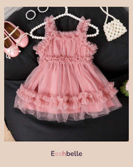 Baby Girls Pink Mesh Overlay Frill Trim Cami Dress