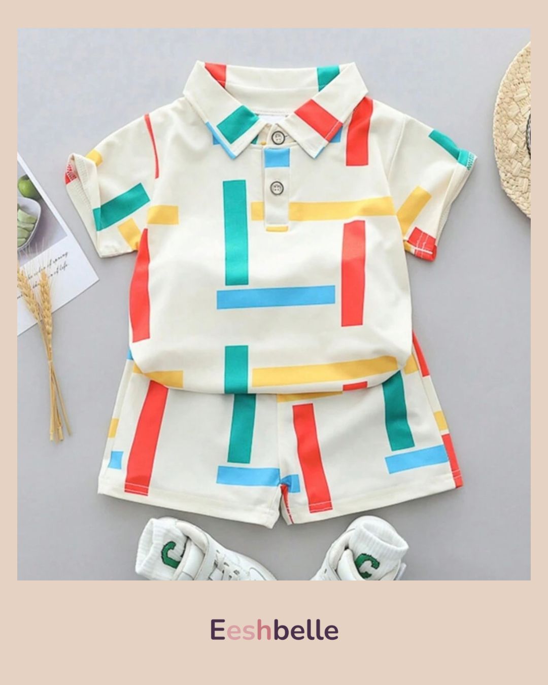 Baby Boy Colorful Stripe Collar Short Sleeve Shirt & Shorts Set
