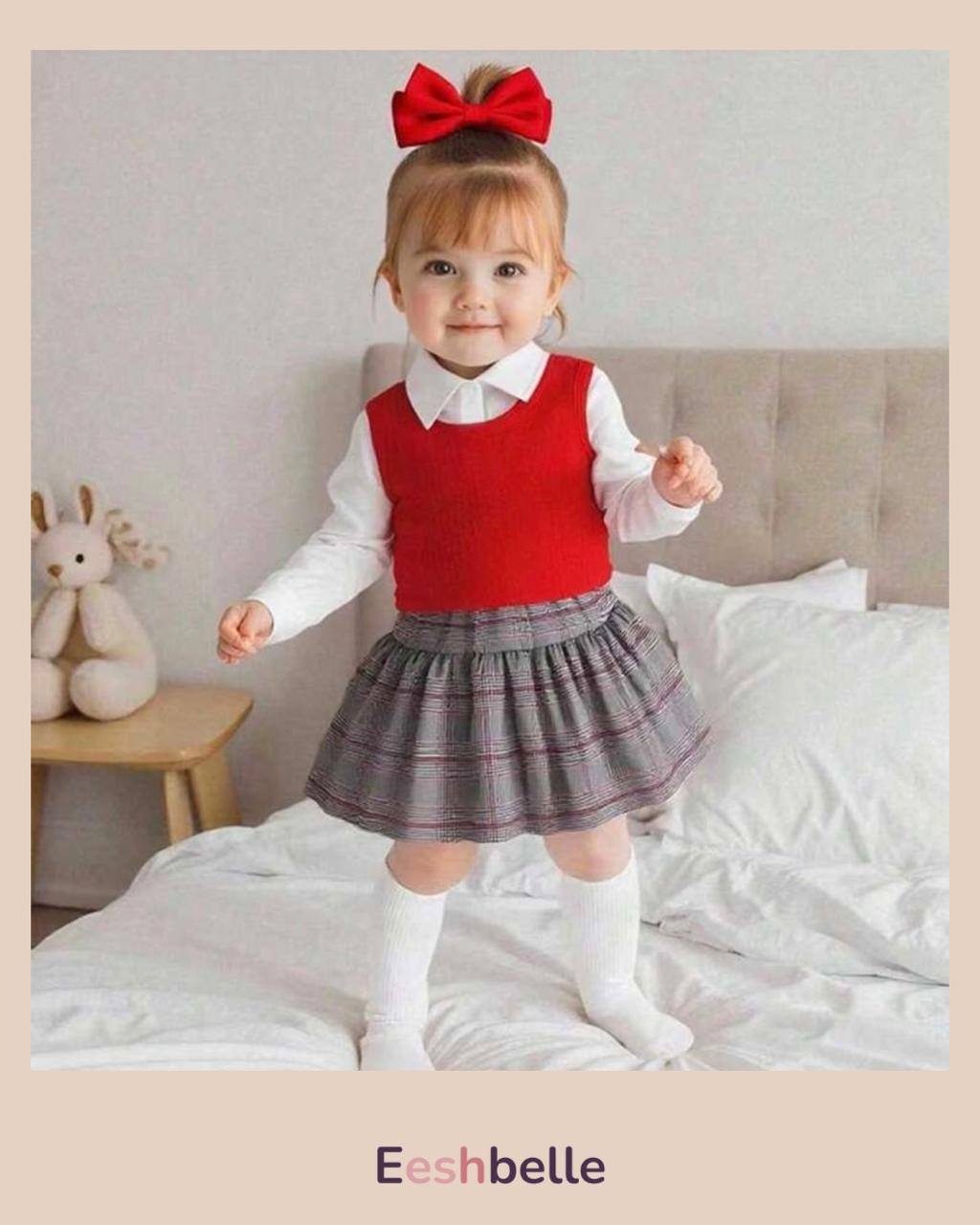 3pcs Baby Girls Elegant Outfit Set – Shirt, Vest & Skirt
