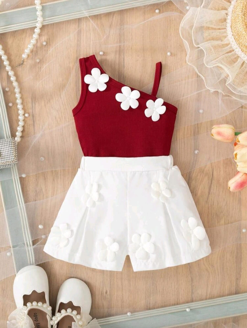 Toddler Girls Korean Fashion Summer 3D Floral Decor Spaghetti Strap Vest + Cute Shorts