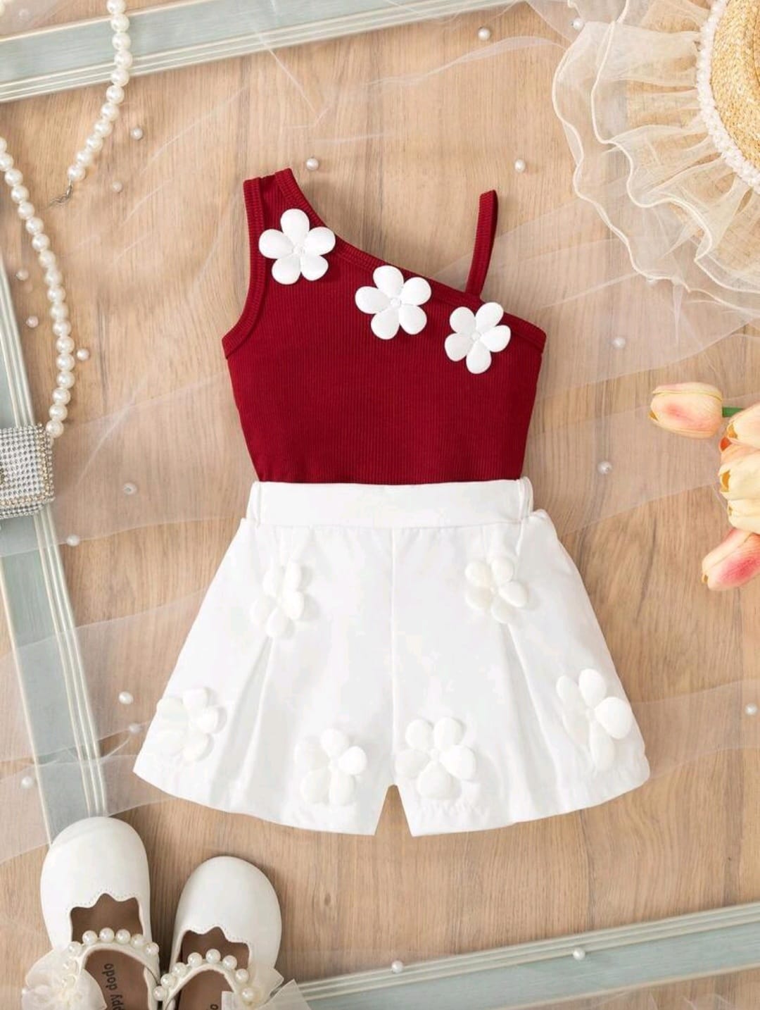 Toddler Girls Korean Fashion Summer 3D Floral Decor Spaghetti Strap Vest + Cute Shorts