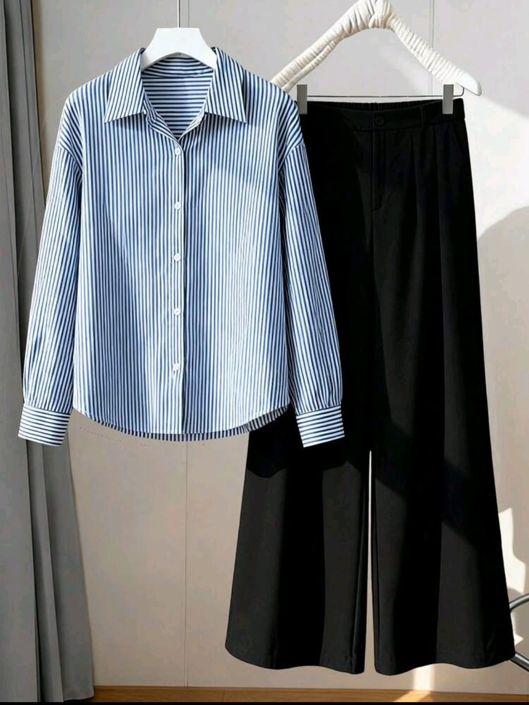 Plus Size Casual Striped Long Sleeve Blue Shirt & Black Long Pants 2pcs Set