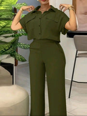 Women’s 2pcs Summer Casual Solid Utility Cropped Shirt & Pants Set – Button Pocket Batwing Sleeve Outfit