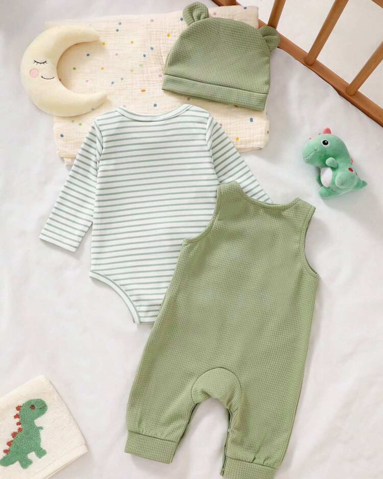 Newborn Baby Boy Sage Green Striped Jumpsuit Set with Letter Embroidered Romper & Hat