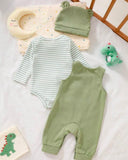 Newborn Baby Boy Sage Green Striped Jumpsuit Set with Letter Embroidered Romper & Hat