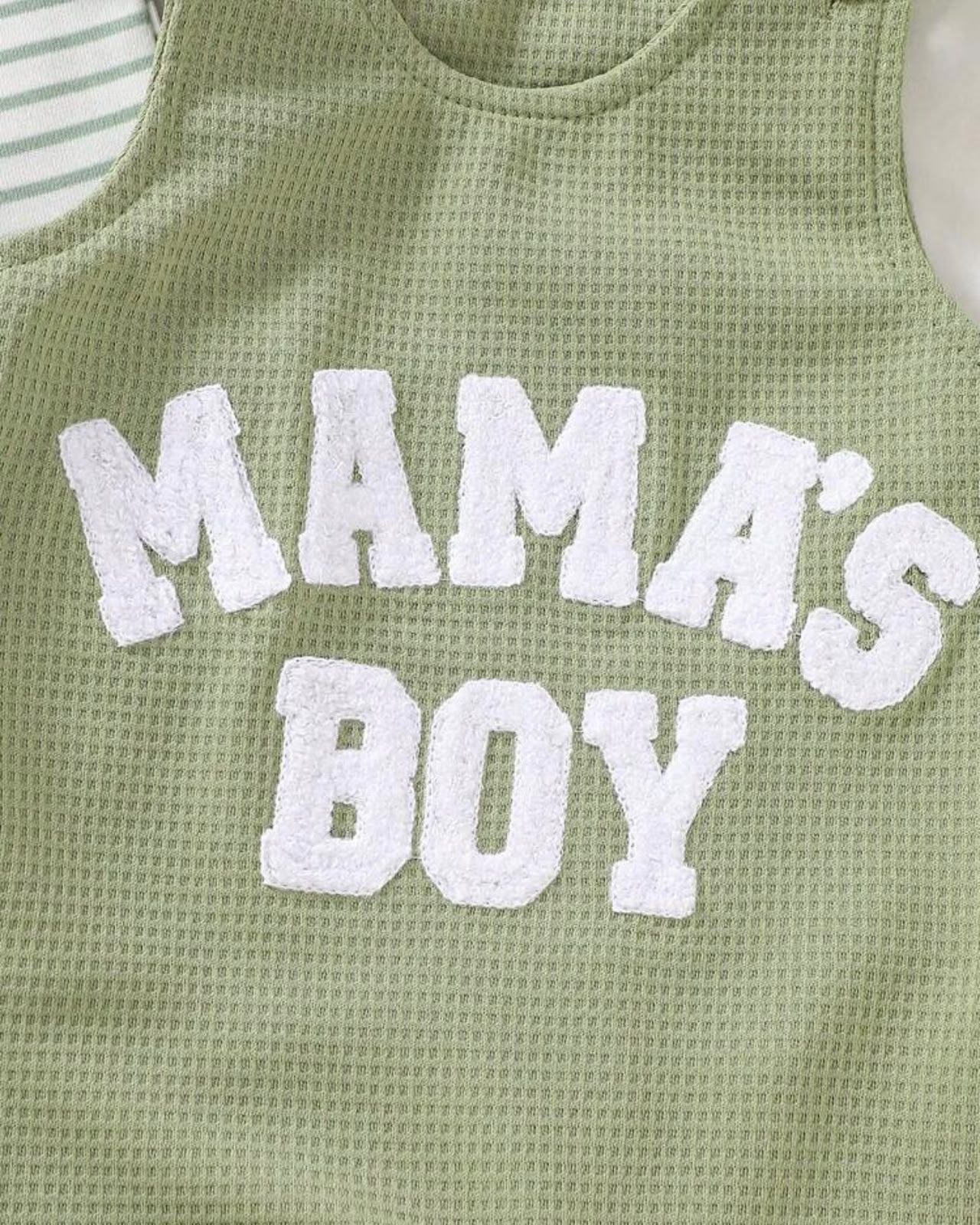 Newborn Baby Boy Sage Green Striped Jumpsuit Set with Letter Embroidered Romper & Hat