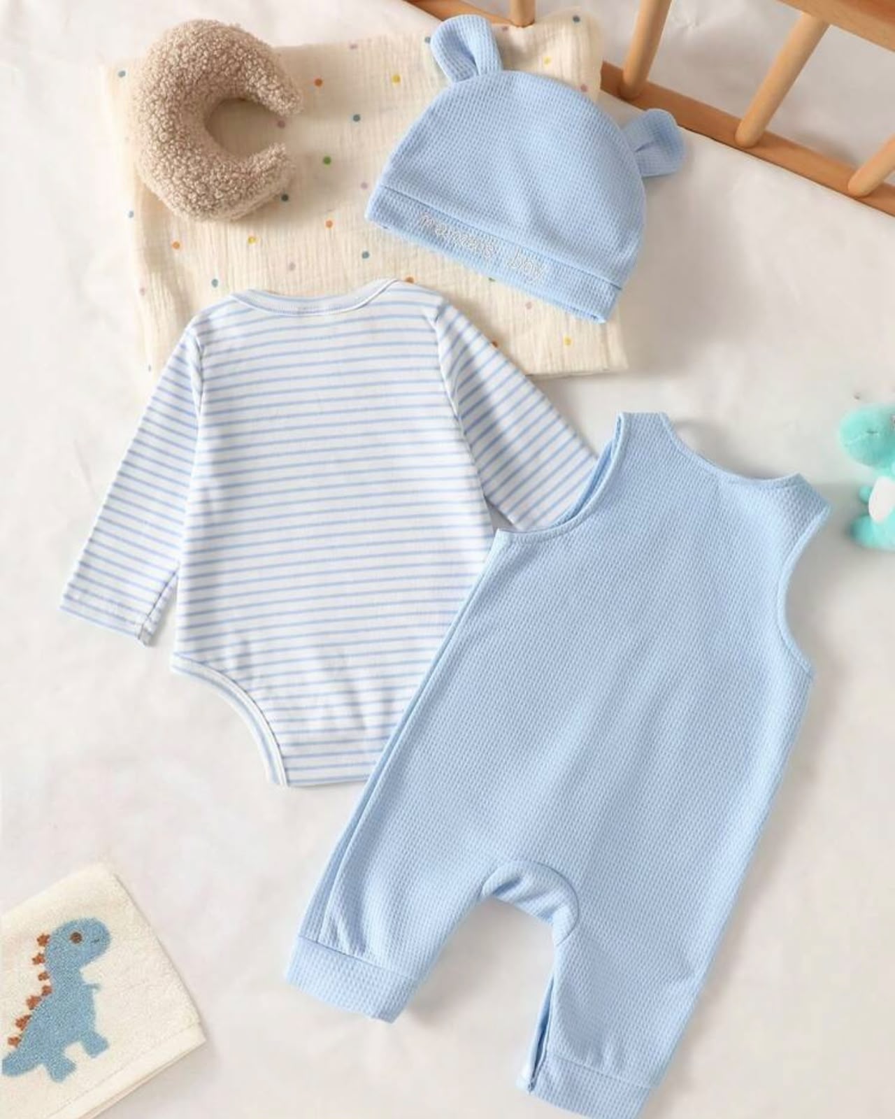 Newborn Baby Boy Sky Blue Striped Jumpsuit Set with Letter Embroidered Romper & Hat