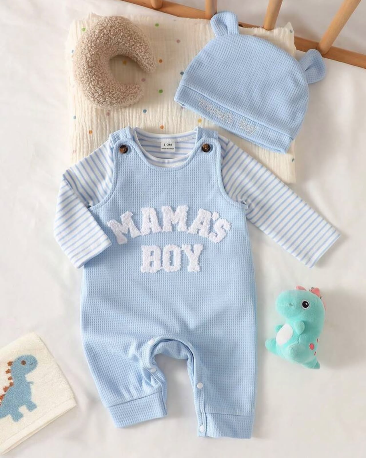 Newborn Baby Boy Sky Blue Striped Jumpsuit Set with Letter Embroidered Romper & Hat