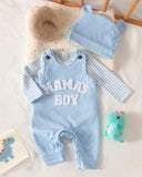 Newborn Baby Boy Sky Blue Striped Jumpsuit Set with Letter Embroidered Romper & Hat