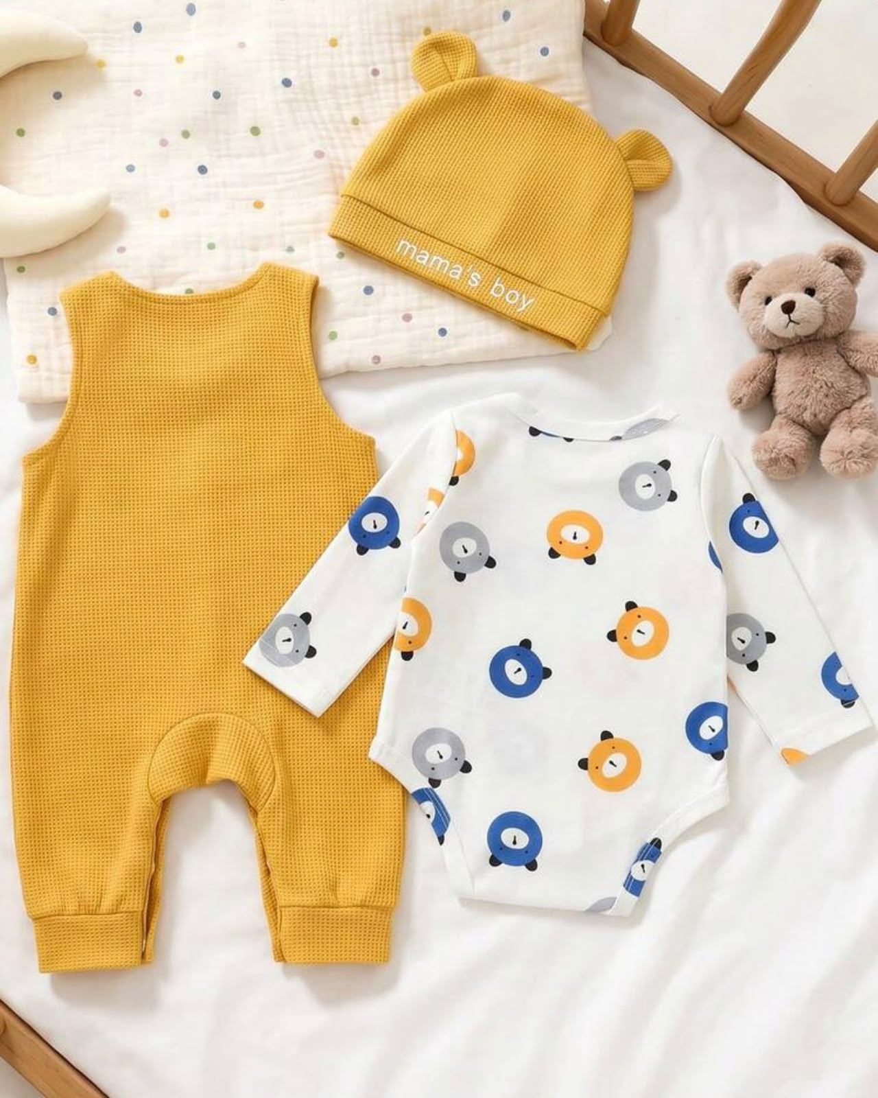 Newborn Baby Boy Yellow Bear Jumpsuit Set with Letter Embroidered Romper & Hat