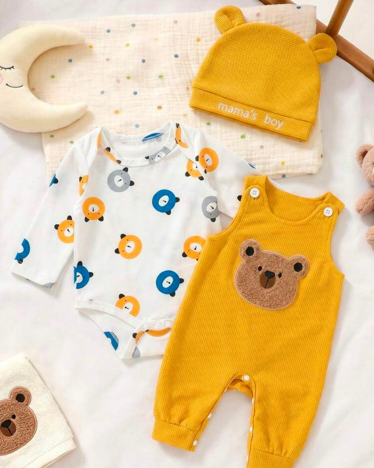 Newborn Baby Boy Yellow Bear Jumpsuit Set with Letter Embroidered Romper & Hat