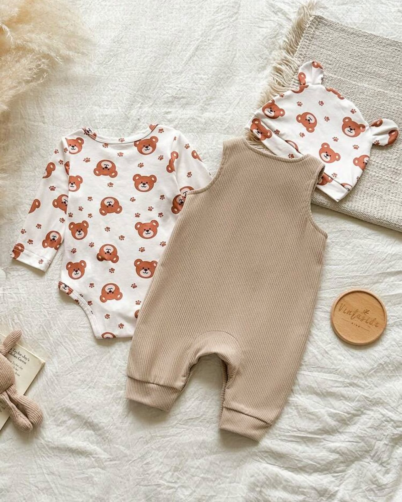 Newborn Baby Boy Khaki Bear Jumpsuit Set with Letter Embroidered Romper & Hat