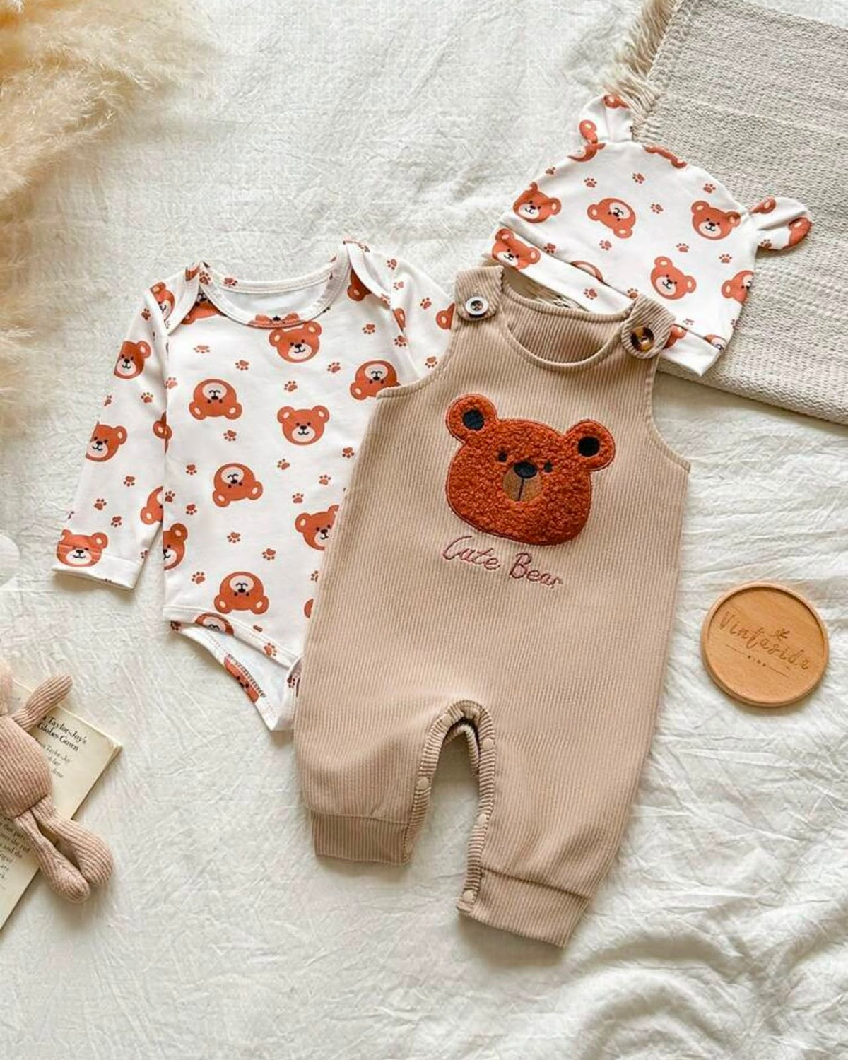 Newborn Baby Boy Khaki Bear Jumpsuit Set with Letter Embroidered Romper & Hat