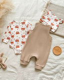 Newborn Baby Boy Khaki Bear Jumpsuit Set with Letter Embroidered Romper & Hat
