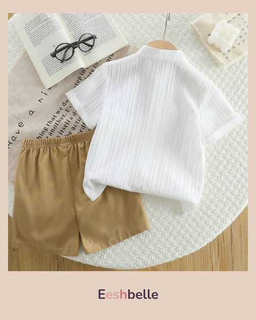 2pcs Boys Casual Summer New Outfit Brown Collar Half-Button Patch Pocket Shirt & Casual Shorts