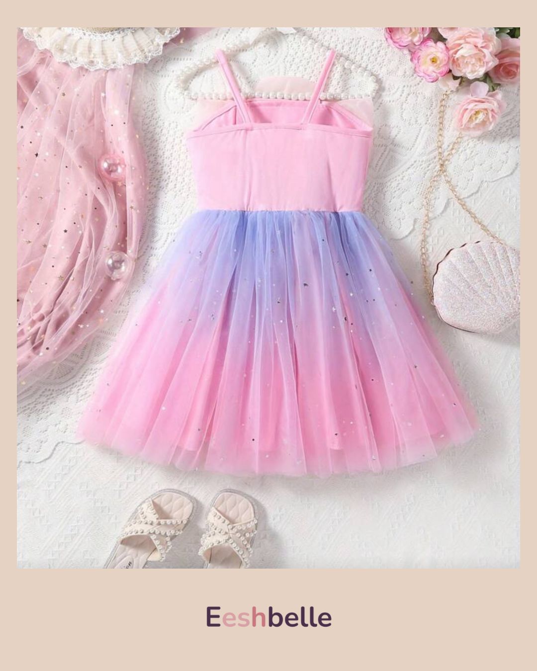 Pink Floral Patchwork Star Mesh Strap Dress – Girls