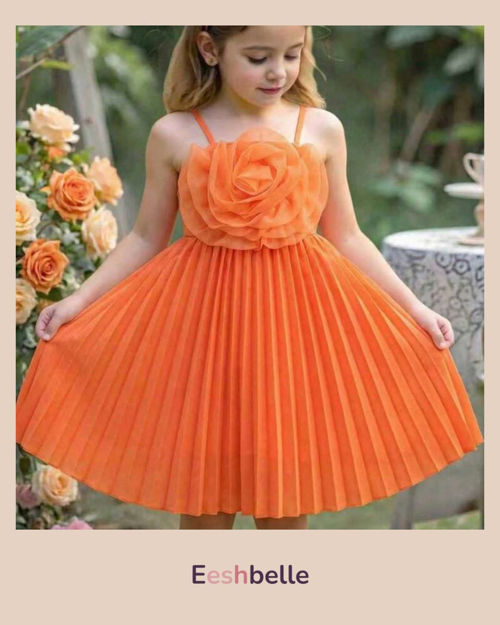 Solid Color 3D Floral Strap Elastic Waist A-Line Pleated Dress – Girls