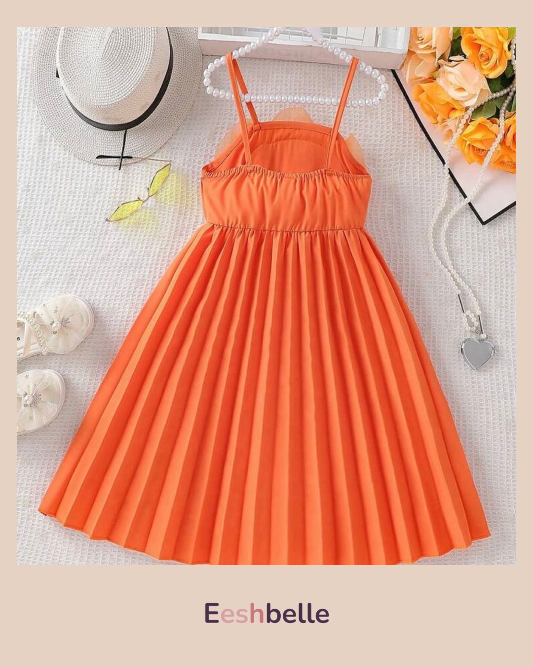 Solid Color 3D Floral Strap Elastic Waist A-Line Pleated Dress – Girls