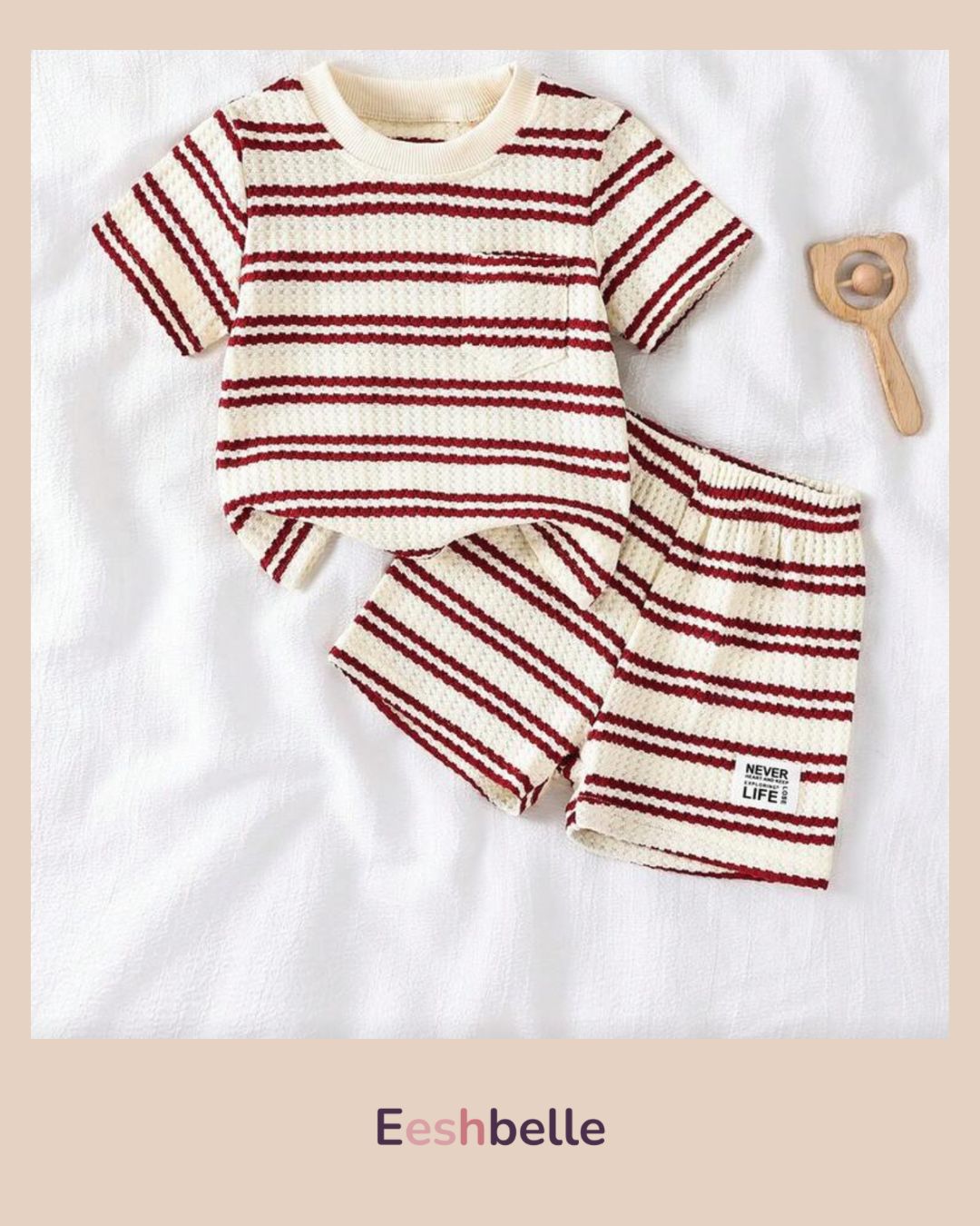 Baby Boy Boack Striped Waffle Knit Fabric T-Shirt & Shorts Set