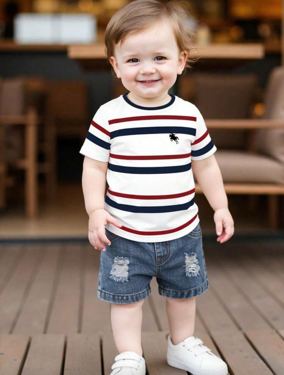 Baby Boy Red & White Striped Shirt & Shorts Set