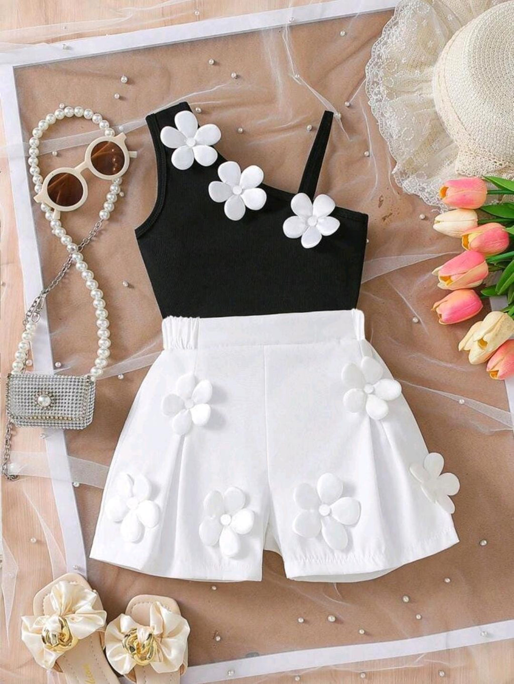 Toddler Girls Korean Fashion Summer 3D Floral Decor Spaghetti Strap Vest + Cute Shorts