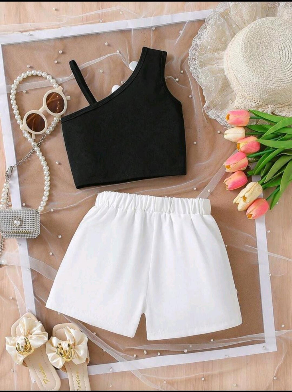 Toddler Girls Korean Fashion Summer 3D Floral Decor Spaghetti Strap Vest + Cute Shorts