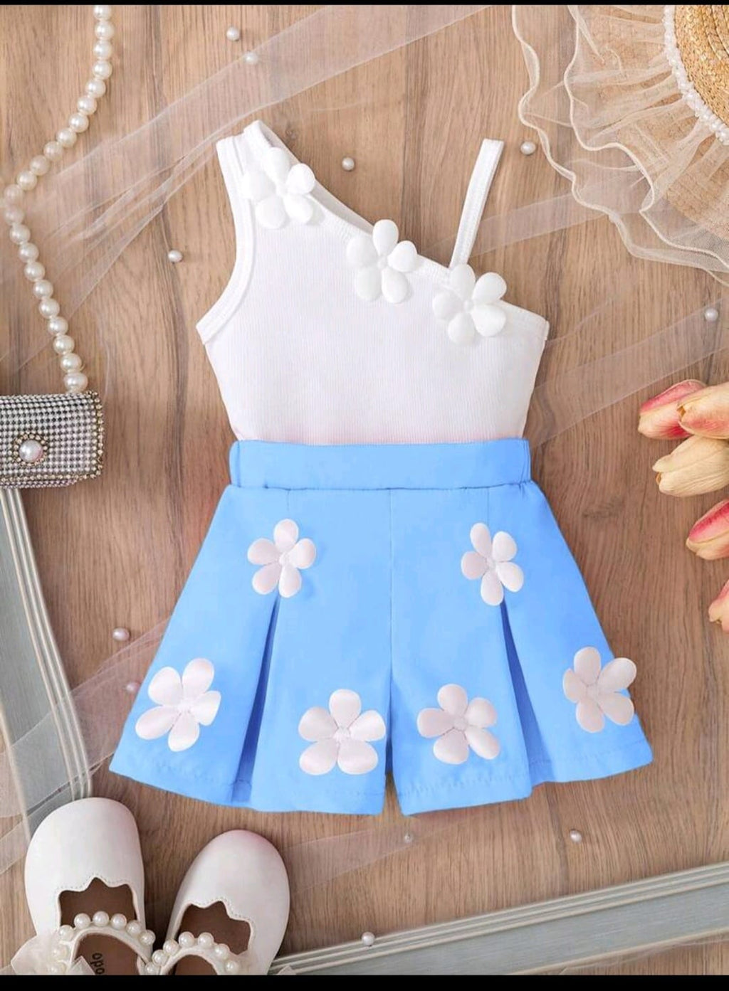 Toddler Girls Korean Fashion Summer 3D Floral Decor Spaghetti Strap Vest + Cute Shorts