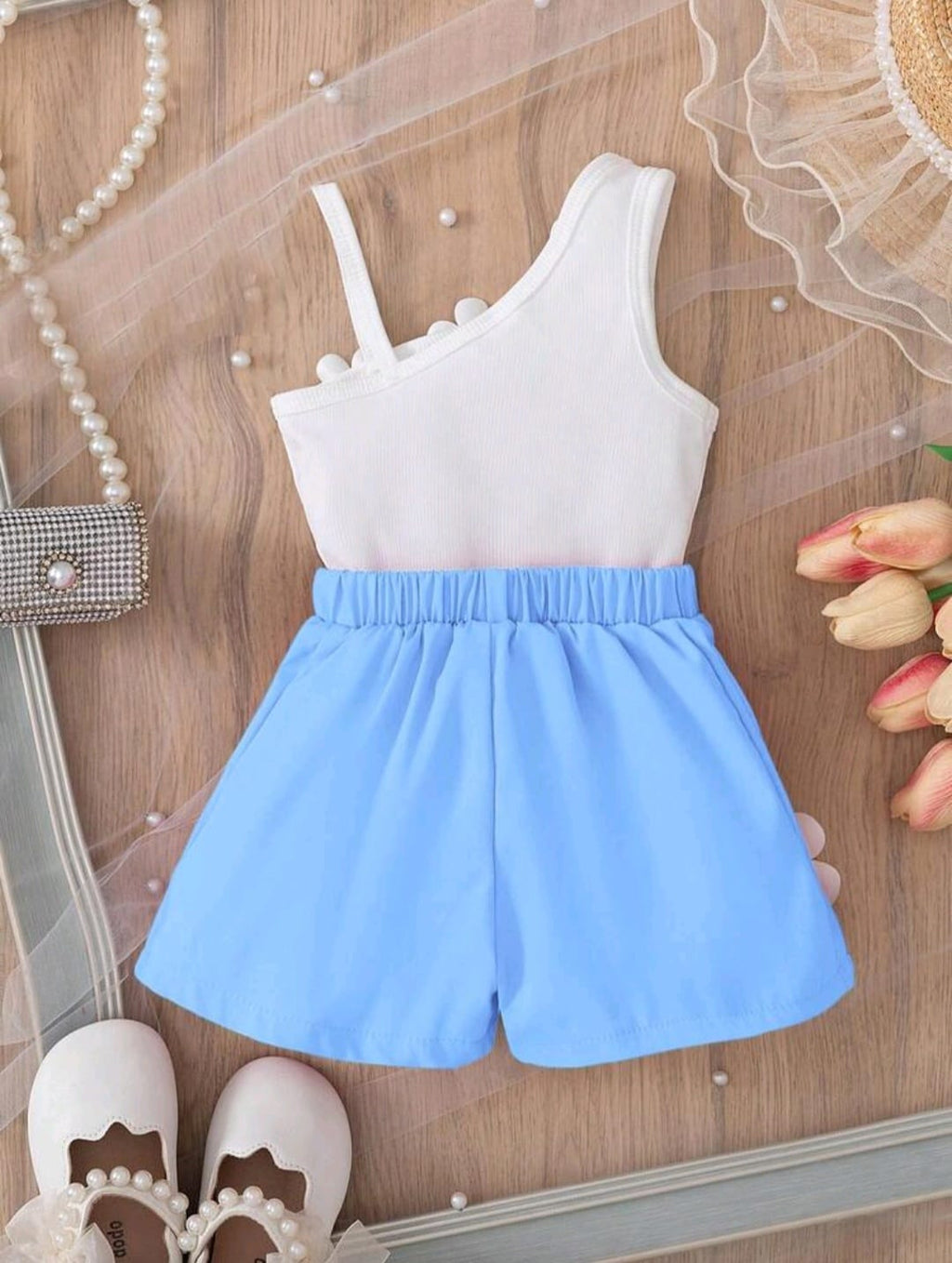 Toddler Girls Korean Fashion Summer 3D Floral Decor Spaghetti Strap Vest + Cute Shorts