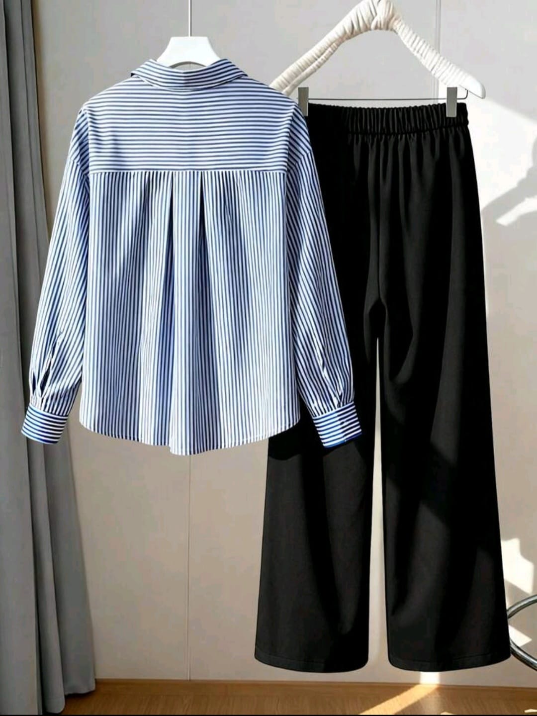Plus Size Casual Striped Long Sleeve Blue Shirt & Black Long Pants 2pcs Set