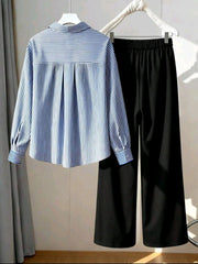 Plus Size Casual Striped Long Sleeve Blue Shirt & Black Long Pants 2pcs Set