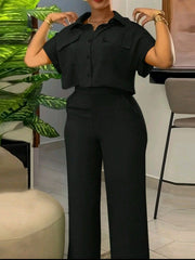Women’s 2pcs Summer Casual Solid Utility Cropped Shirt & Pants Set – Button Pocket Batwing Sleeve Outfit