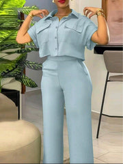 Women’s 2pcs Summer Casual Solid Utility Cropped Shirt & Pants Set – Button Pocket Batwing Sleeve Outfit