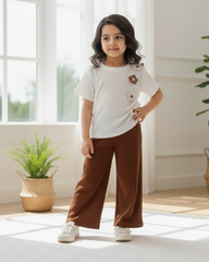 Girls Brown 3D Floral Textured T-Shirt & Pants Set – 2pcs Casual Outfit