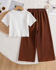 Girls Brown 3D Floral Textured T-Shirt & Pants Set – 2pcs Casual Outfit