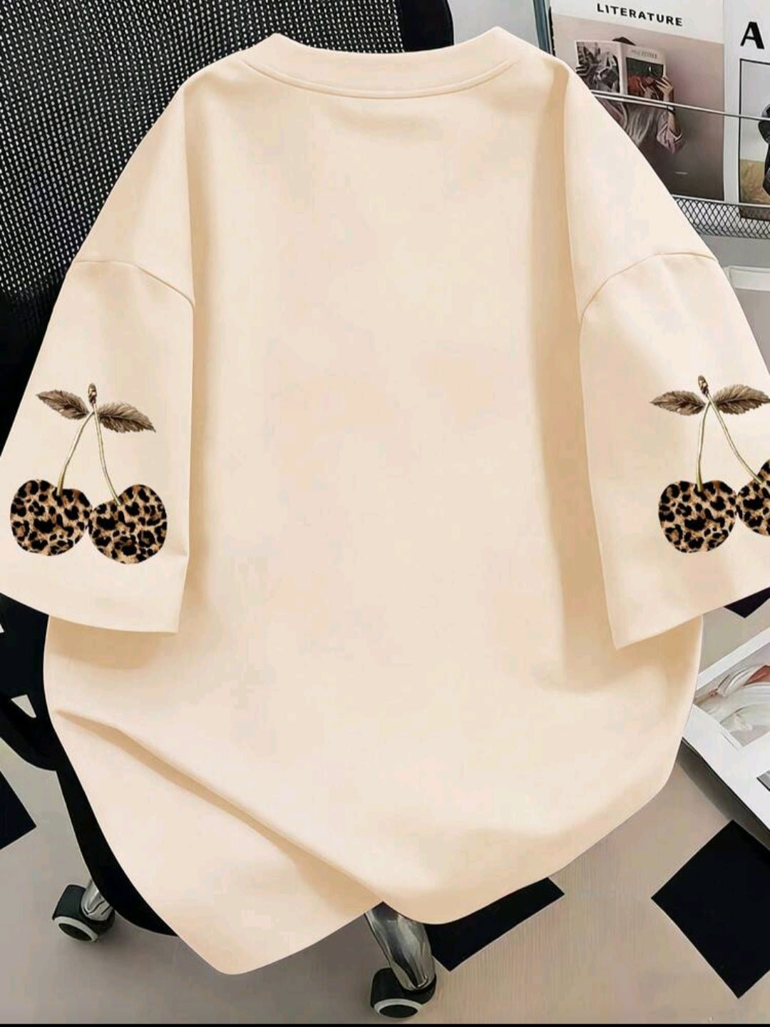 Plus Size Women Leopard Cherry Print Casual Loose Short Sleeve T-Shirt
