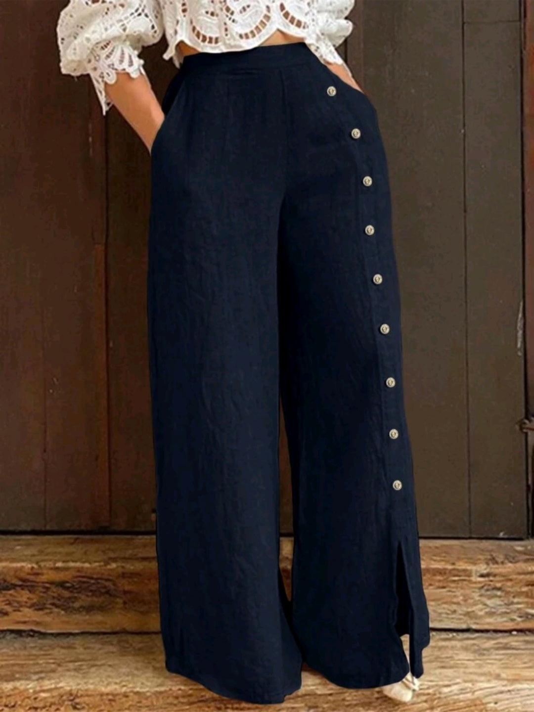 Women Dark Blue Pleated Wide-Leg Pants
