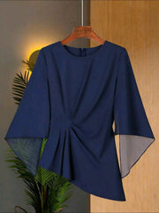 Women Flowy Navy Blue Butterfly Sleeve Waist Cinched Top