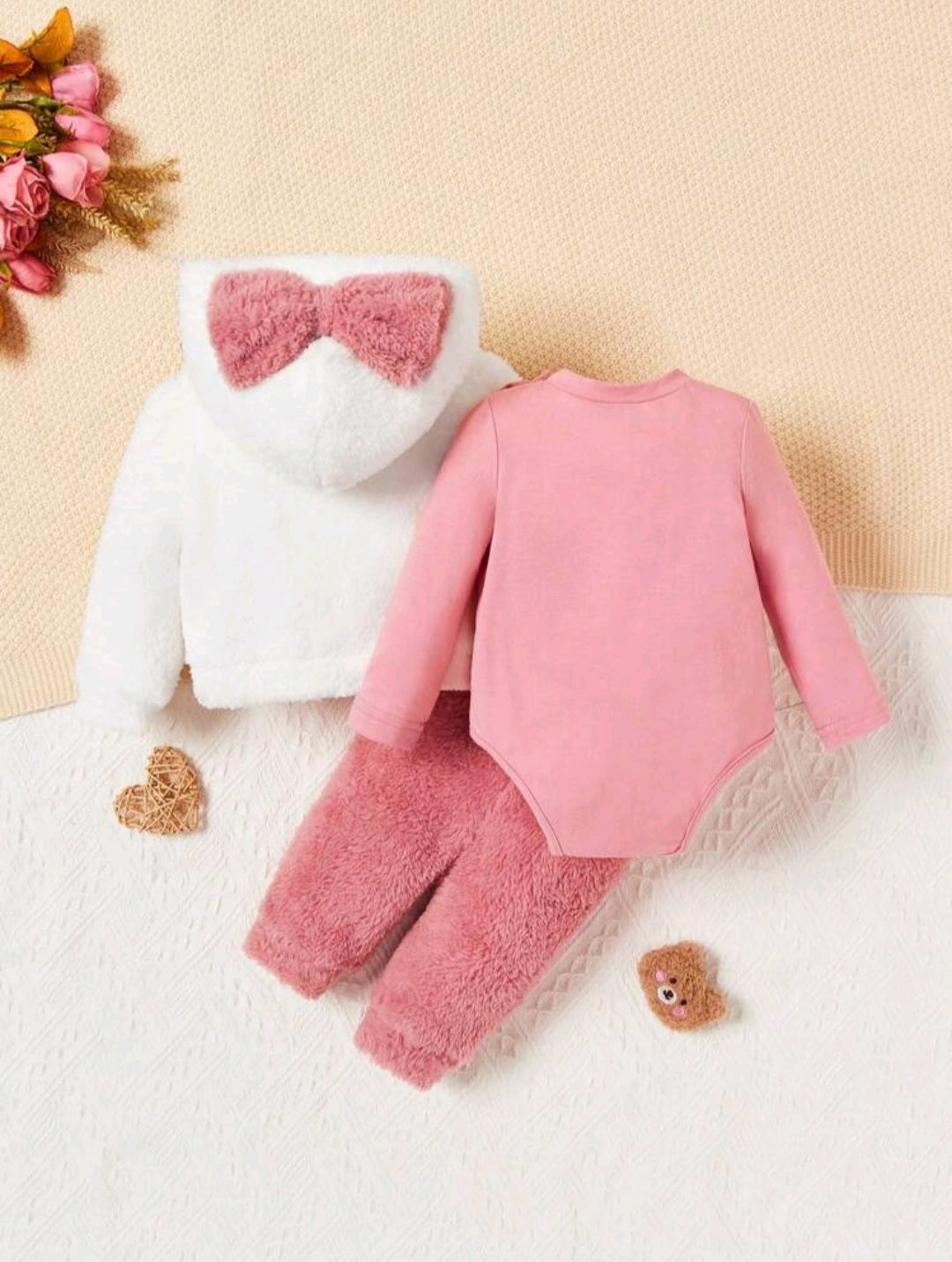Newborn Baby Girl Fuzzy Bow 3-Piece Set