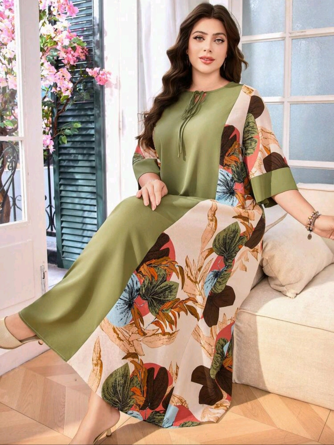 Tie-Waist Patchwork 3/4 Sleeve Casual Maxi Dress