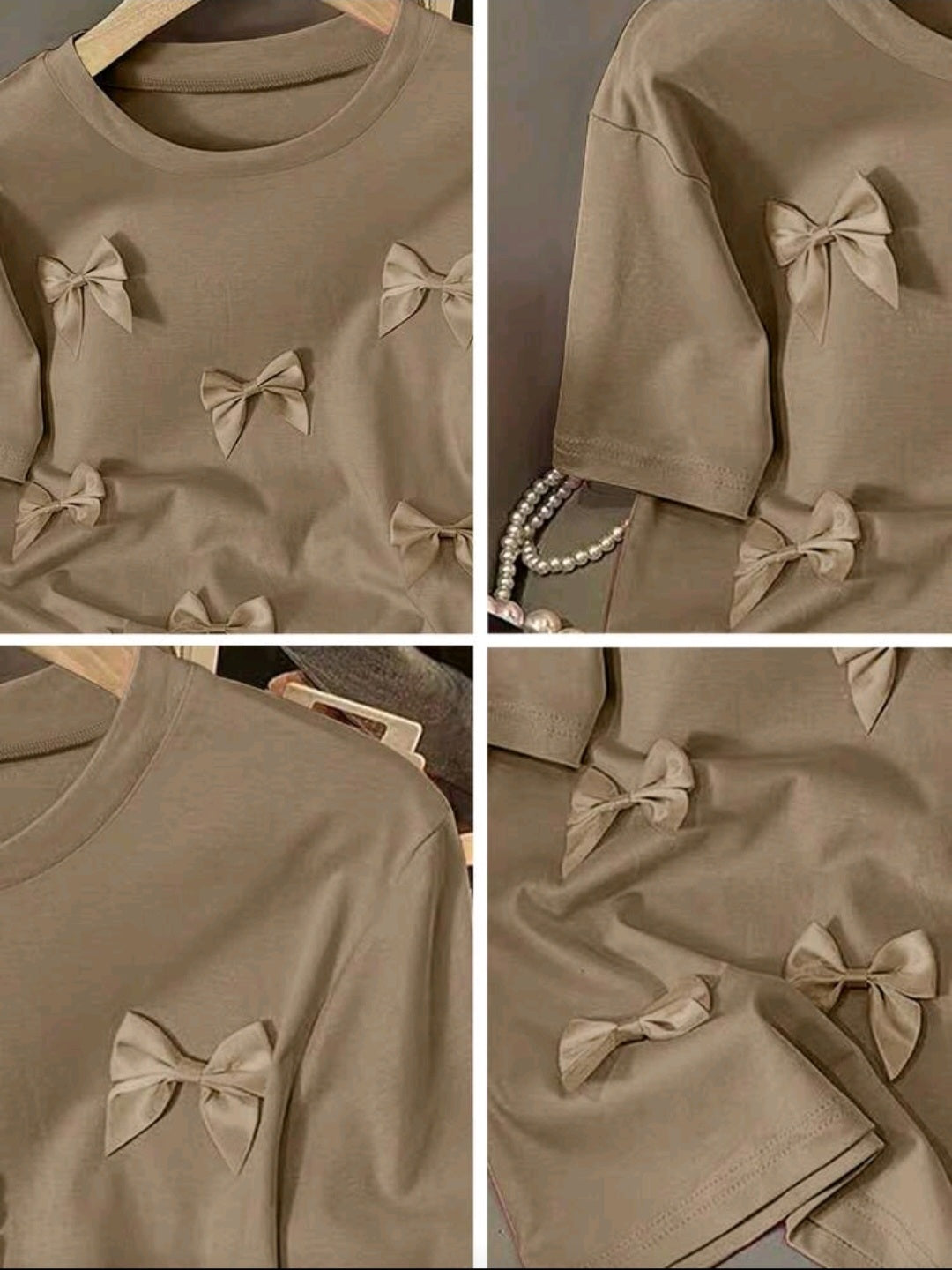 Women Khaki Knitted Bow Front Round Neck Casual T-Shirt
