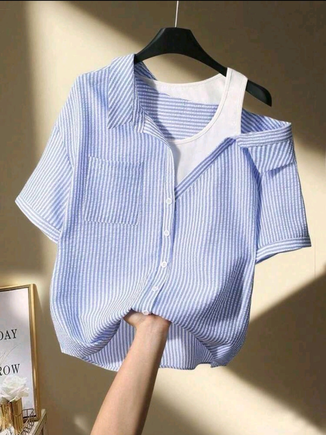 Women Blue & White Striped Short Sleeve Casual Blouse
