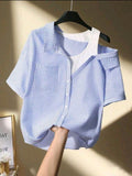 Women Blue & White Striped Short Sleeve Casual Blouse