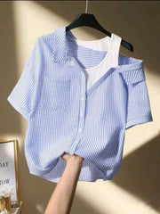 Women Blue & White Striped Short Sleeve Casual Blouse