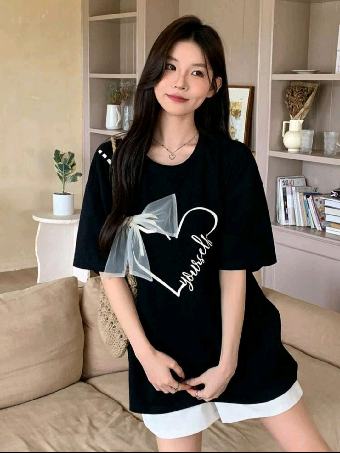 Women Bow & Heart Print Casual Short Sleeve Graphic T-Shirt