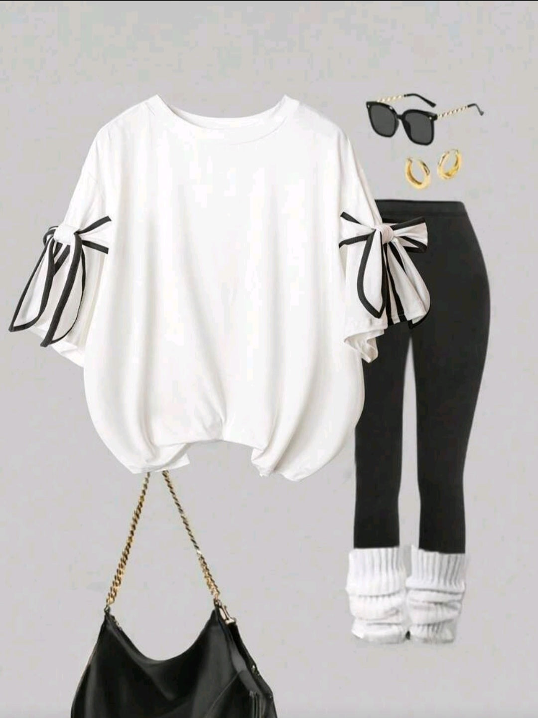 Women White and Black Bow Decor Casual T-Shirt