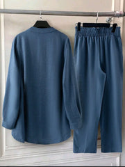 Plus Size Linen Blend Lace Patchwork Shirt & Pants 2pcs Set
