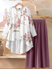 2pcs Women Floral Loose Fit Round Neck Long Sleeve Top And Pants Set