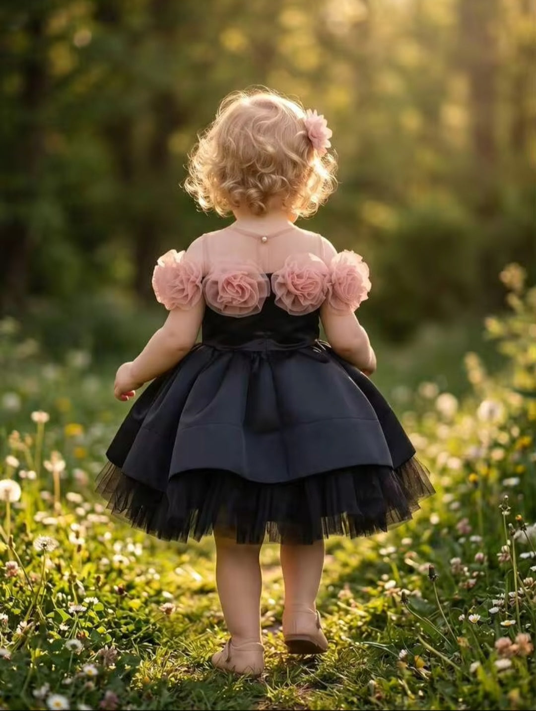 Baby Girls 3D Floral Black Princess Dress