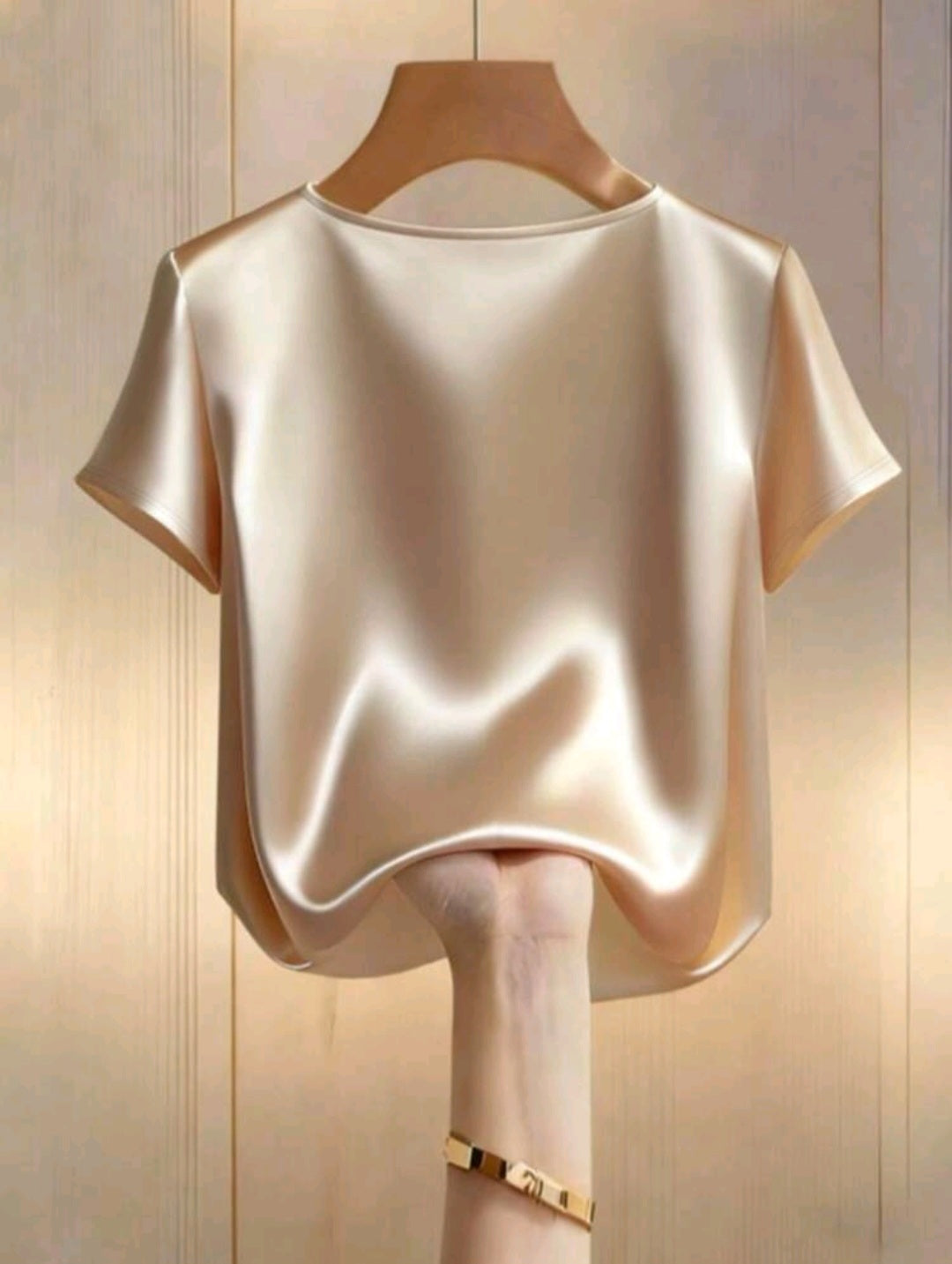 Women V-Neck Pearl Decor Satin Top – Elegant Short Sleeve Blouse